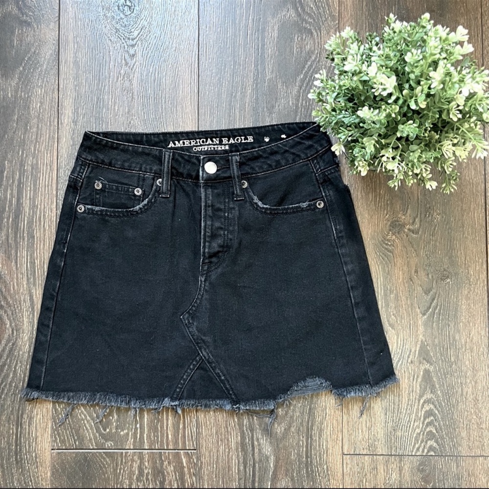 American Eagle Black Jean Denim Distressed Mini Skirt